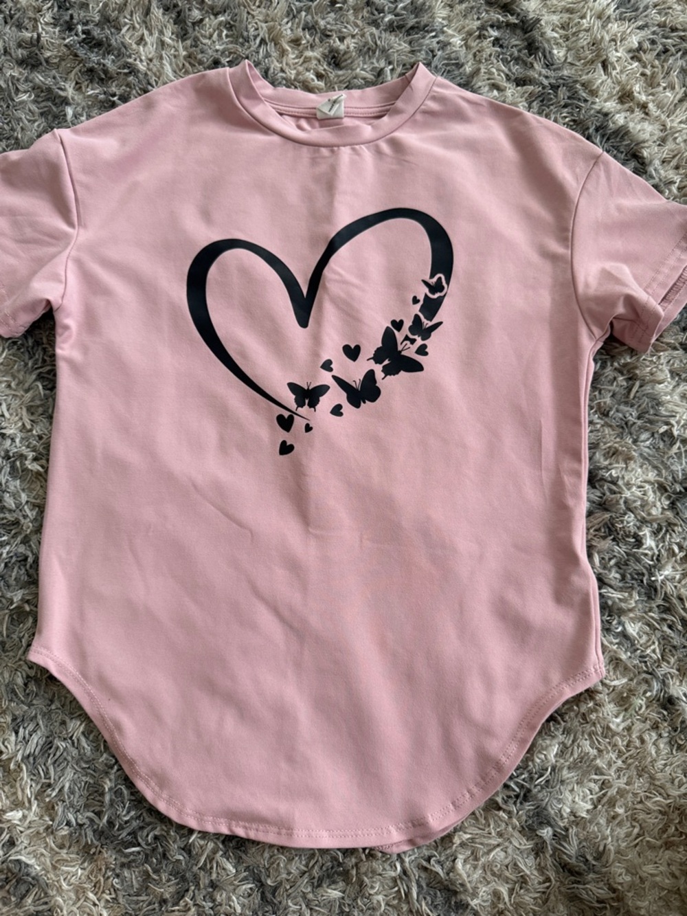 SHEIN Pink Short Sleeve Tee with Black Heart & Butterfly Graphic